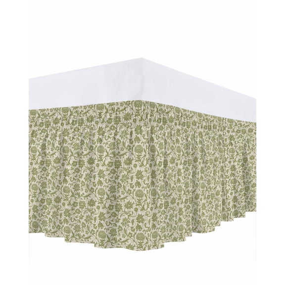 Green Floral Bed Skirt Queen Size 18 Inch Drop, Vintage Spring Flower Bohemian Green Flowers Leaf Adjustable Elastic Dust Ruffles Bedskirt for Queen Bed Wrap Around Pleated Mattress Frame Cover
