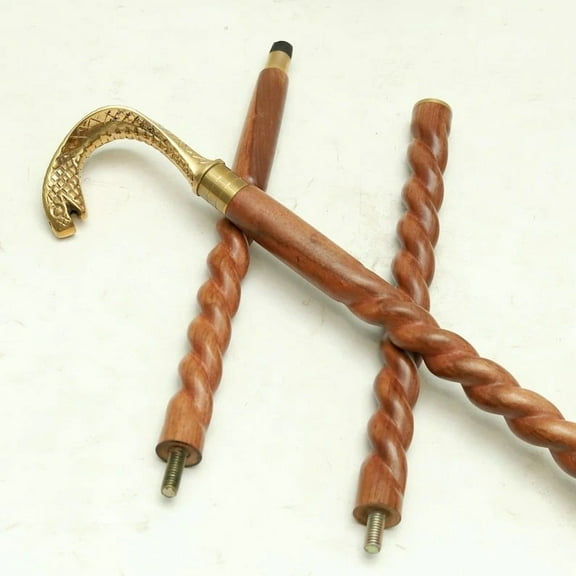 Twisted Wood Handmade Walking Cane with Brass Snake Head