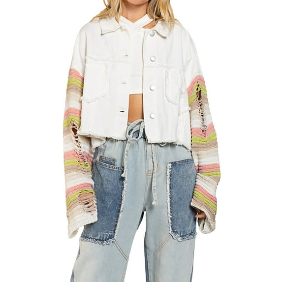 Liacowi Women Button-Down Denim Patchwork Coat Striped Long Sleeve Turn-Down Collar Pockets Outwear Jacket Streetwear