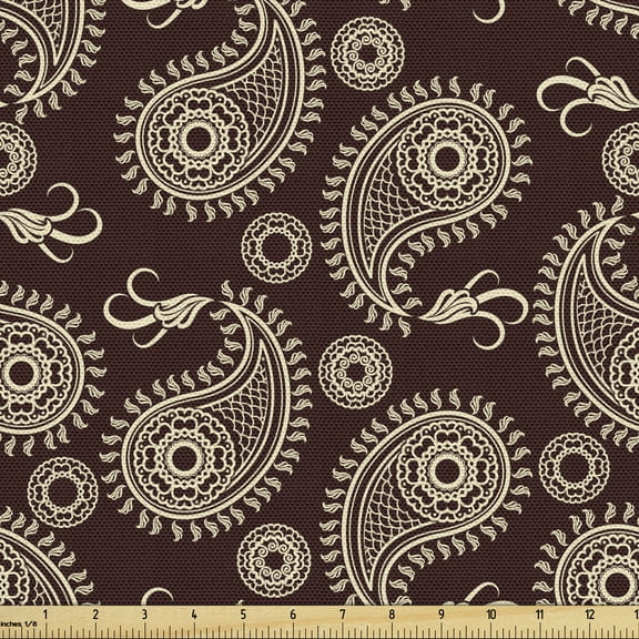 Ambesonne Brown Paisley Fabric by the Yard Upholstery, Oriental Damask Art, 3 Yards, Chestnut Brown Eggshell