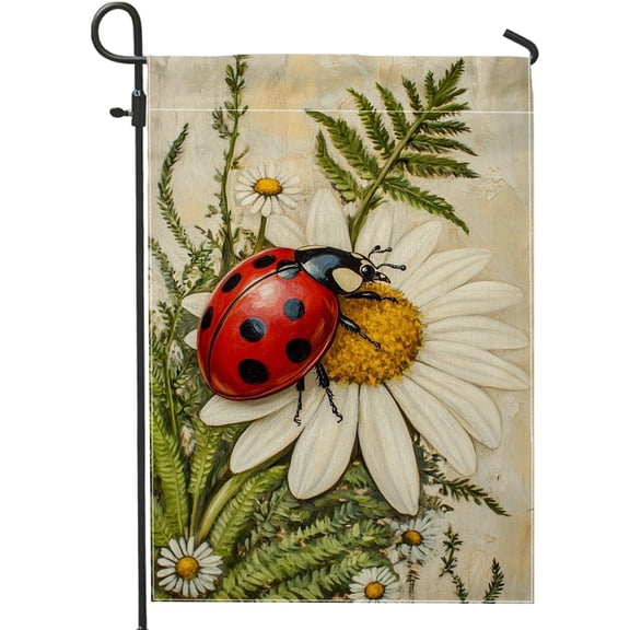 Ladybug Flower Garden Flag Double Sided Burlap Outdoor Decor Banner for Yard Lawn Seasonal Decoration 12 x 18 Inch Red