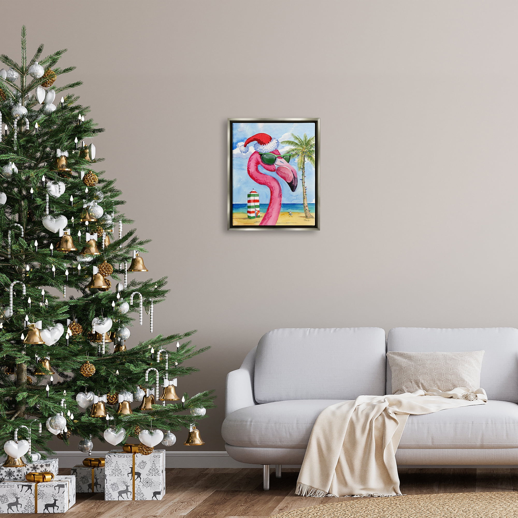 Stupell Industries Flamingo Tropical Christmas Holiday Painting Gray Floater Framed Art Print Wall Art, 17 x 21