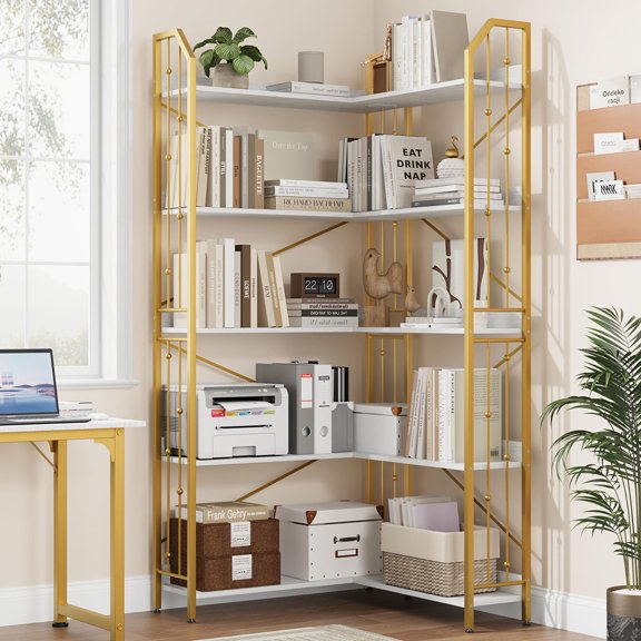 Danolapsi Corner Bookshelf 86" L Shaped Bookcase, h Shaped Bookshelf Arched 7 Tier Shelf, Large Bookcase with Metal Frame, Helf Corner Display Rack for Living Room Bedroom