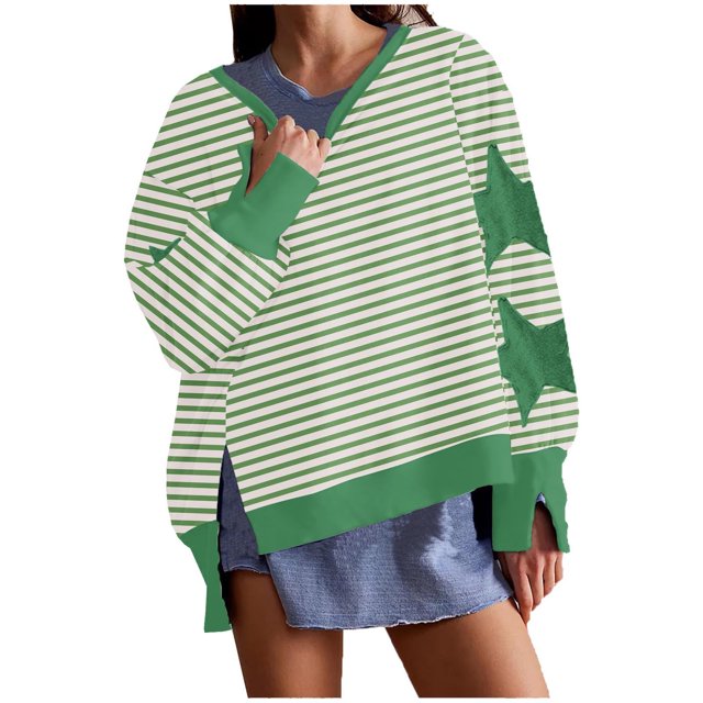 Timegard Womens Crewneck Sweatshirts Striped Long Sleeve Side Split Pullover Fall Casual Loose Tops