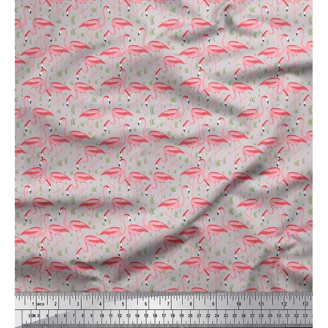 Soimoi Velvet Fabric Grass & Flamingo Bird Printed Fabric 1 Yard 58 Inch Wide