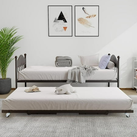 Twin Day Bed with Trundle Bed, Modern Sofa Bed Frame with Foldable Design, Metal Bed Frame ＆ Heavy Duty Steel Slats, Space-Saving for Living Room, Bedroom, Guest Room, Black