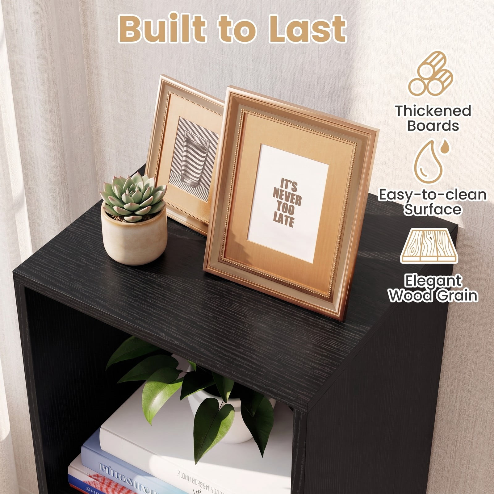 Furnibear 3 Cube Bookshelf with Back Guardrail, Engineered Wood Cube Storage Organizer Bookcase Display Shelf for Living Room Bedroom Home Office with, Black