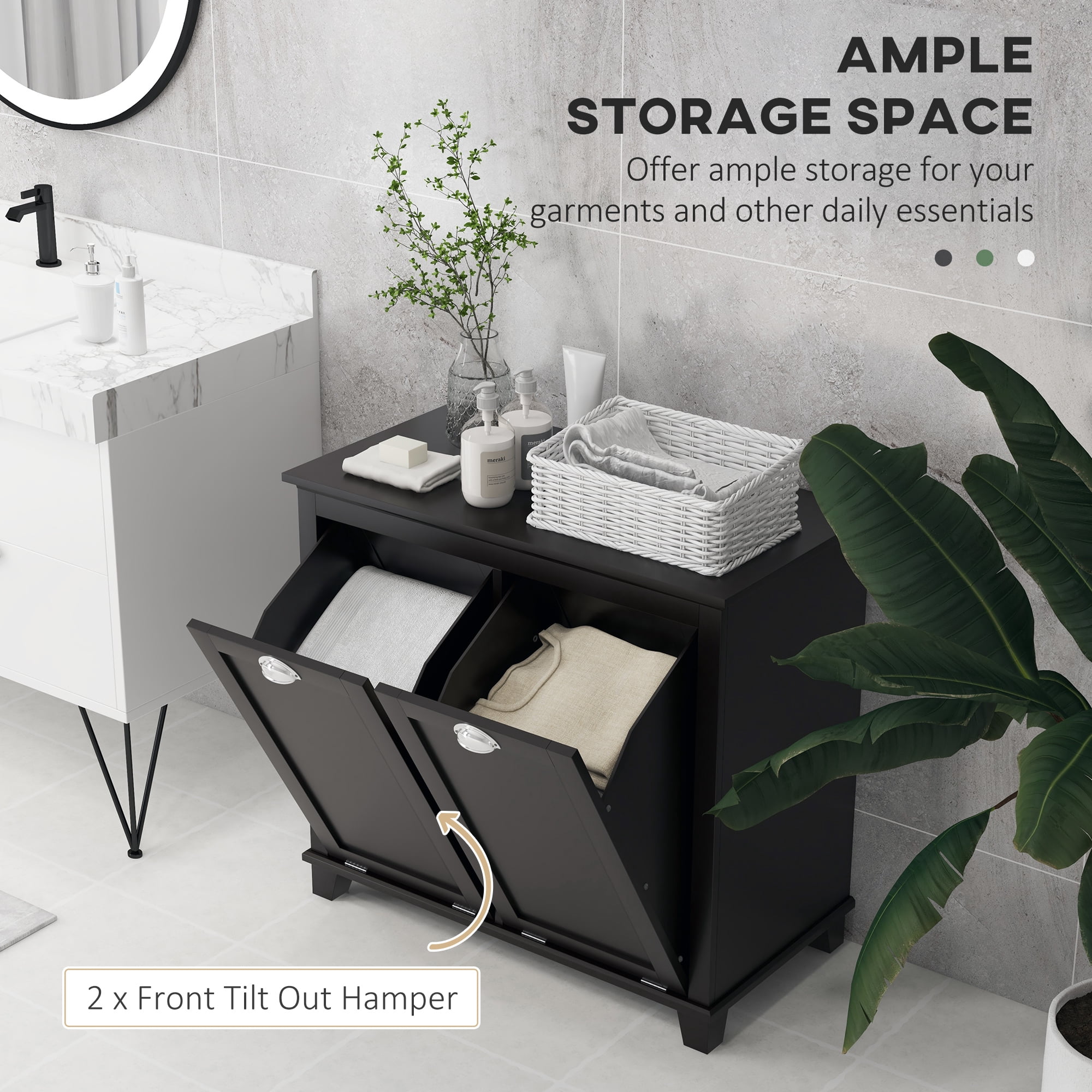 HOMCOM Tilt-Out Laundry Sorter Bathroom Cabinet, Black