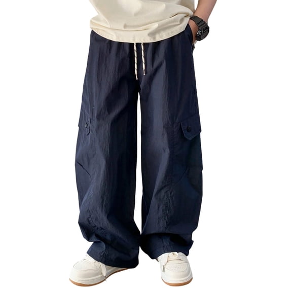 WAYUTE Pants for Boys Cargo Pants High Waisted Loose Fit Breathable Kids Solid Color Baggy Pants with Pockets Summer Streetwear Trousers Outdoor Casual,11-12 Y,Navy