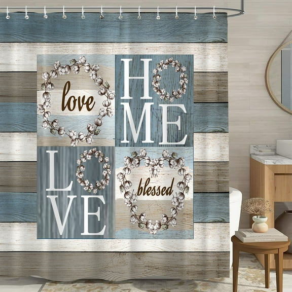 Rustic Floral Flower Sweet Love Home Fabric Shower Curtain, Farmhouse Country Vintage Wood Plank Cotton Shower Curtains for Bathroom Decor, Waterproof Polyester Durable with 12 Hooks,72x72