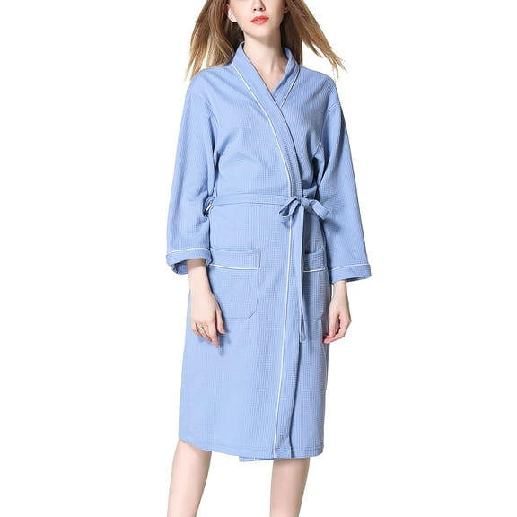 Lu's Chic Women's Waffle Robes Lightweight Wave Mid Length Bathrobe Belted Spa Robe with Pocket Sleepwear Tie Up Pure Long Sleeve Knit Knitted Light Blue Small