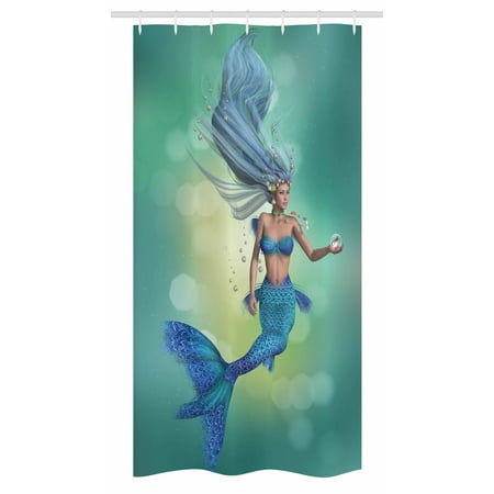 Underwater Stall Shower Curtain, Mermaid Upper Body of a Woman and the Tail of Fish for Swimming Marine Life, Fabric Bathroom Set with Hooks, 36W X 72L Inches Long, Teal Pale Blue, by Ambesonne