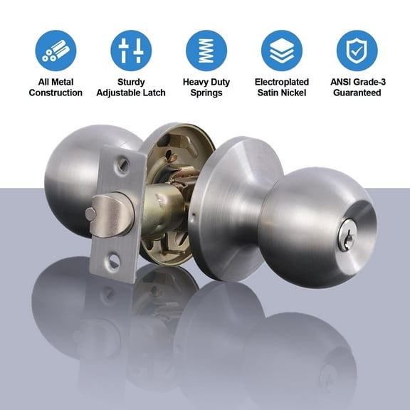 ZOUYUE Keyed Entry Door Knob with Lock, Interior and Exterior Door Lock, Standard Ball, Satin Nickel