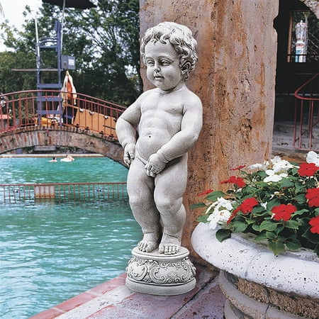 Design Toscano Manneken Pis Peeing Boy Piped Pond Spitter Statue Water Feature  27 Inch  Polyresin  Antique Stone