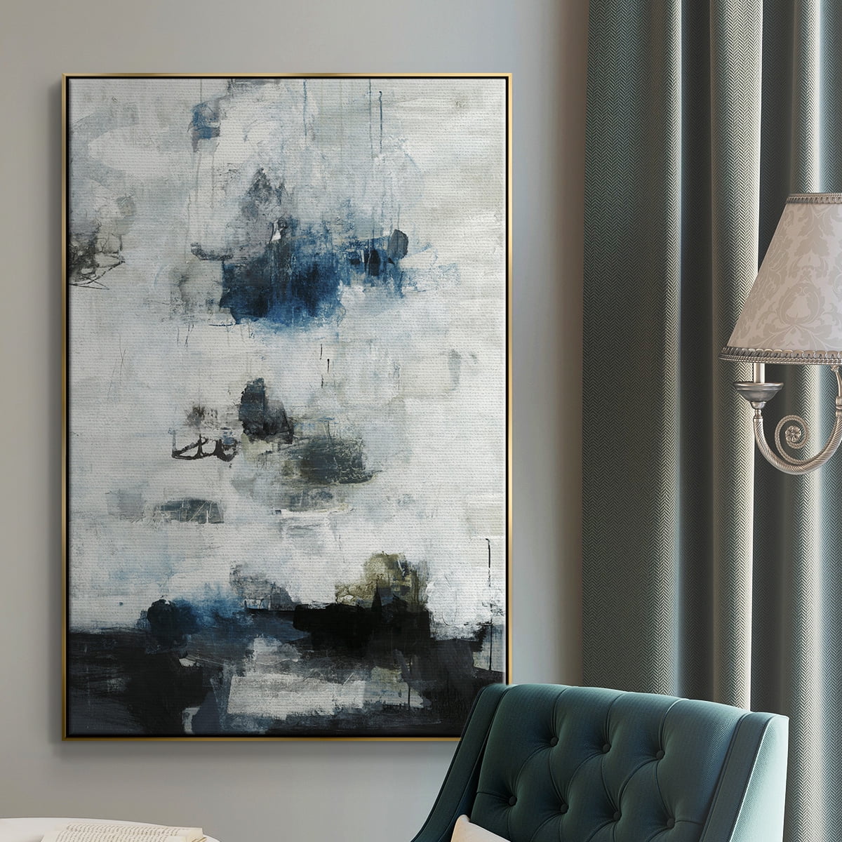 Black & Blue Framed Premium Gallery Wrapped Canvas - Ready to Hang - 27 x 41 - Gold Floating Frame