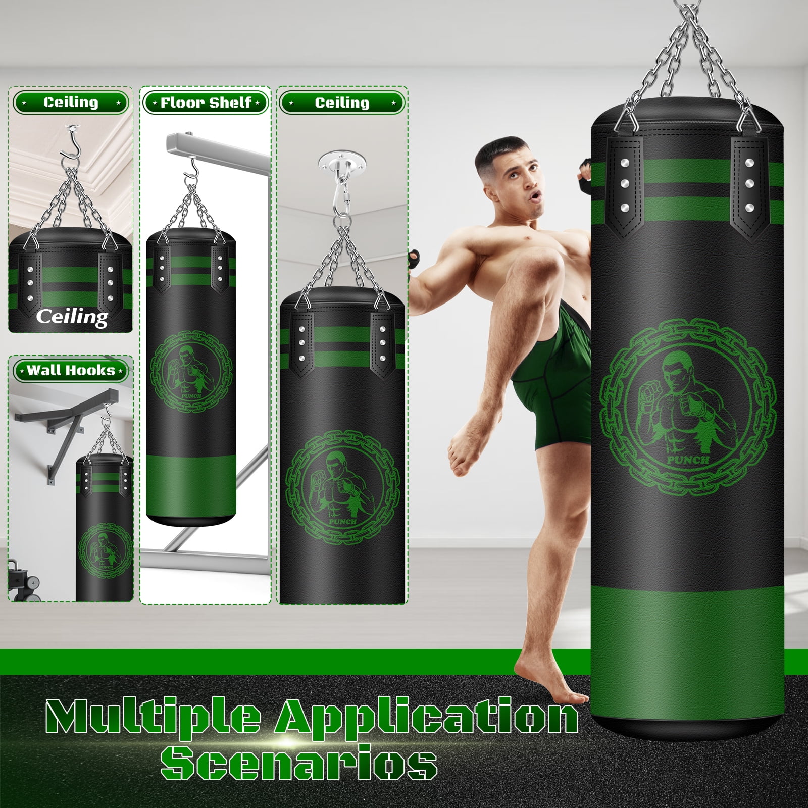 Hanging Punching Bag for Adults, 4FT PU Heavy Bag Boxing Training Equipment, Boxing Set with Hand Wraps Chains for Muay Thai Training Karate Kickboxing MMA Home Gym (Unfilled)