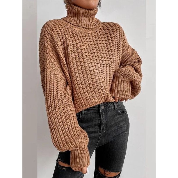 Suéter de cuello alto suelto de punto de manga larga con hombros descubiertos a la moda de otoño e invierno para mujer