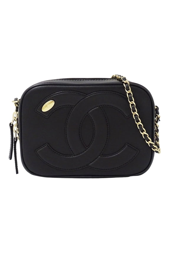 Pre-Owned Chanel CHANEL handbag for women, brand name shoulder bag, leather, black, gold...