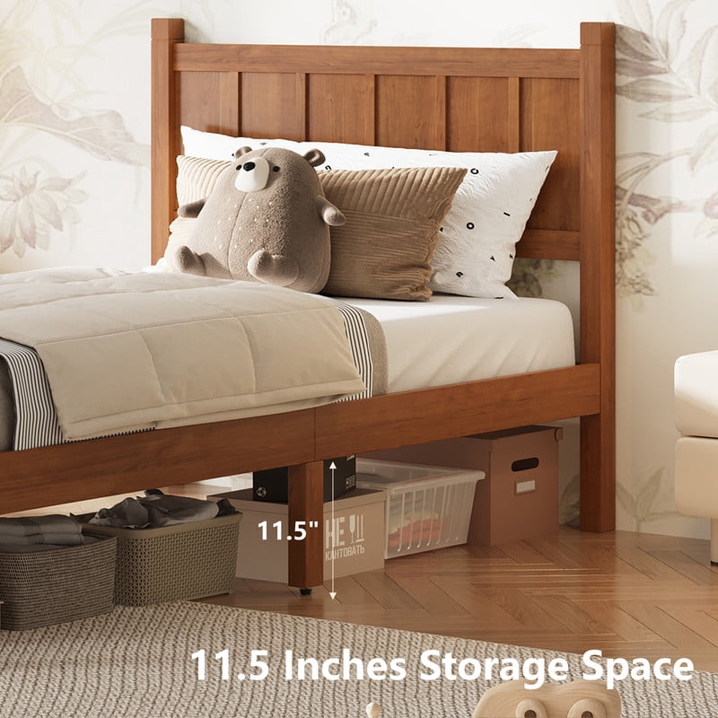 Twin Size Farmhouse Platform Bed with Flat Panel Designed Headboard & Footboard, Minimalist Wood Bed Frame with Under-Bed Storage