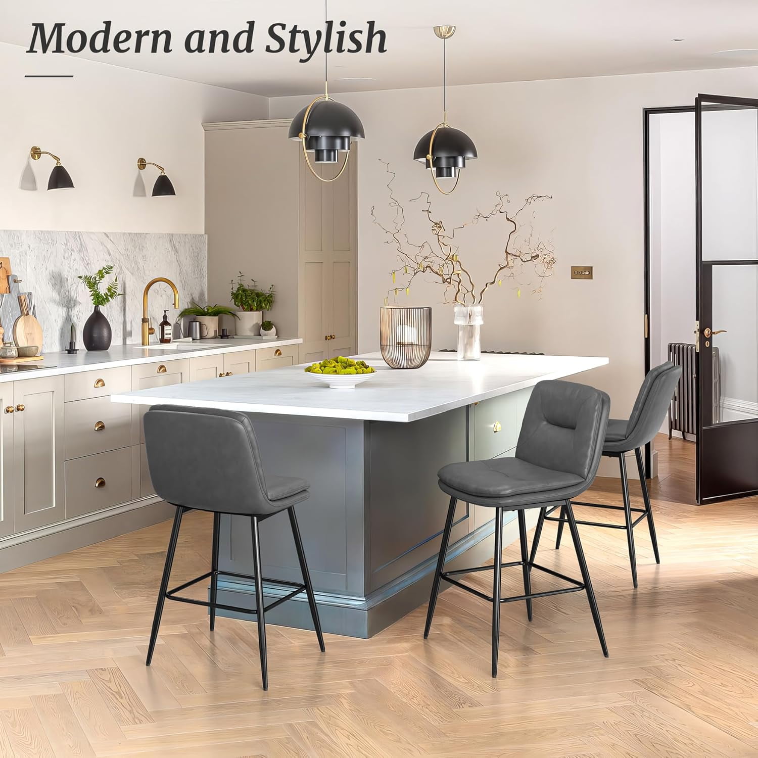 Dycanpo 24”H Bar Stools Set of 3, Double-Layer Upholstered, for Home Kitchen, Gray
