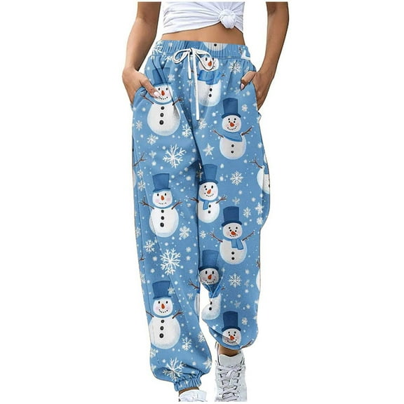 Cavosen Christmas Sweatpants Women Baggy Trousers with Pockets Snowman Elastic Waist Bottoms Drawstring Jogger Workout Pants