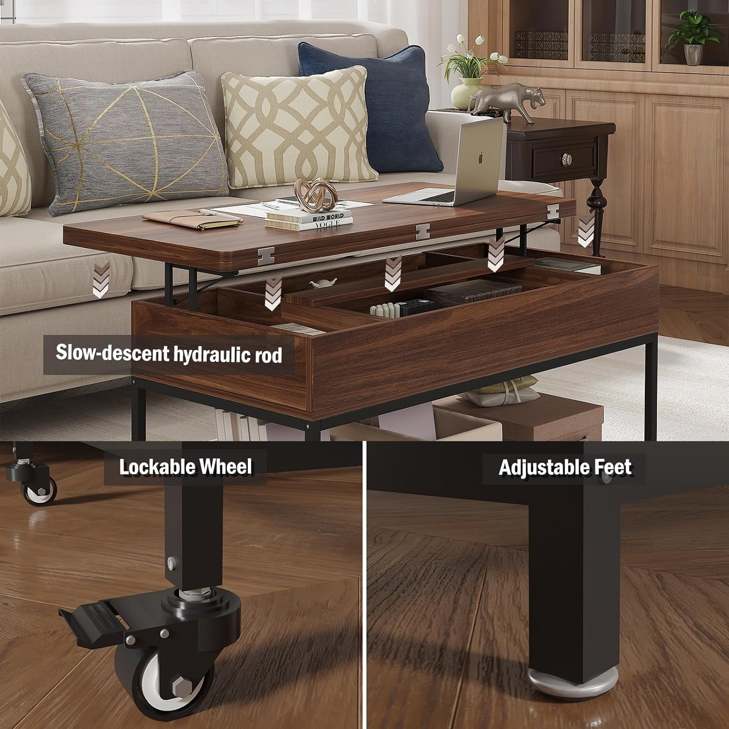 3 Modes Lift Top Coffee Table with hidden Drawer Storage for Living Room&Dining Room, Walnut