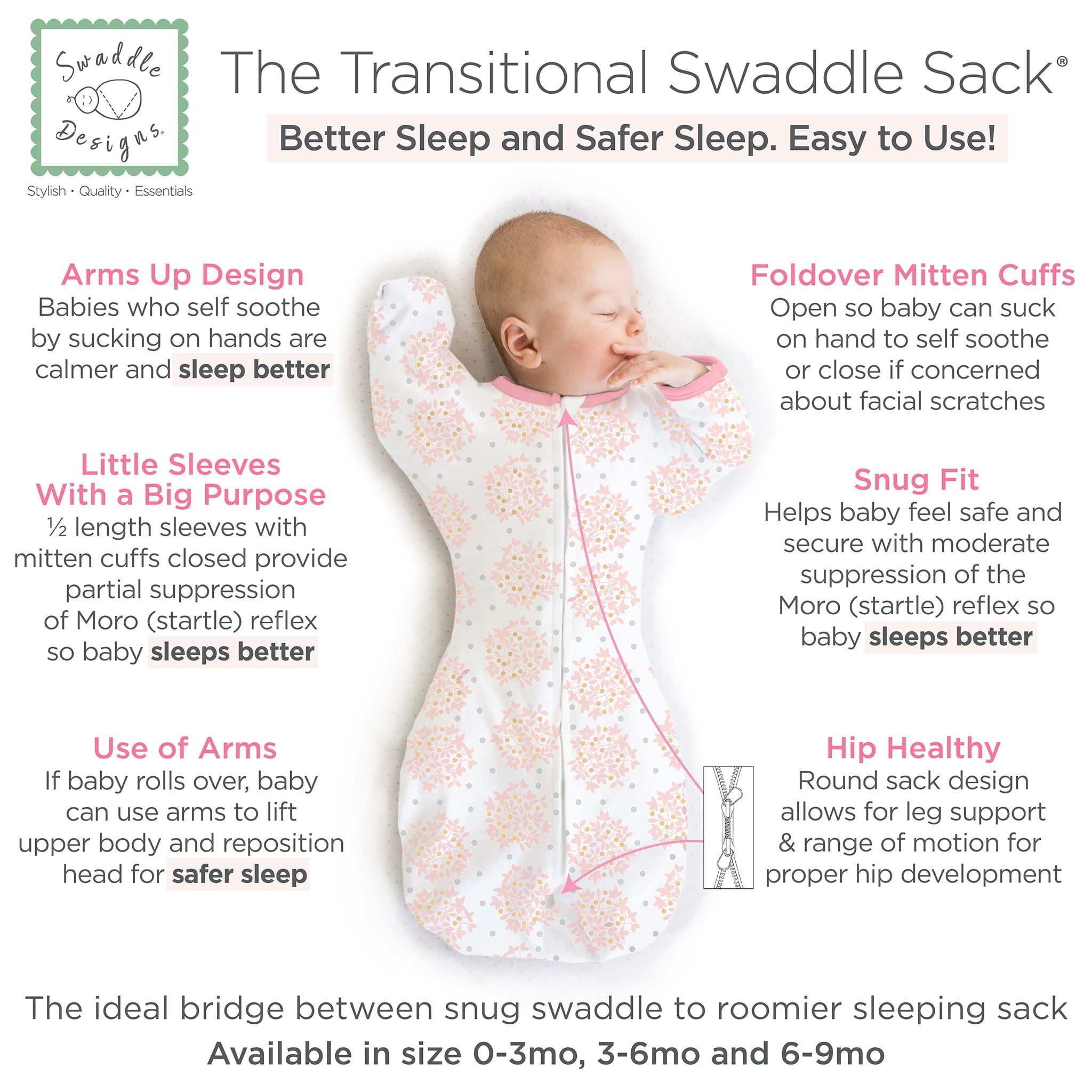 SwaddleDesigns Transitional Swaddle Sack with Arms Up Half-Length Sleeves and Mitten Cuffs, Better Sleep for Baby Girl, Heavenly Floral, Pink, Large, 6-9 Months, 21-24 lbs