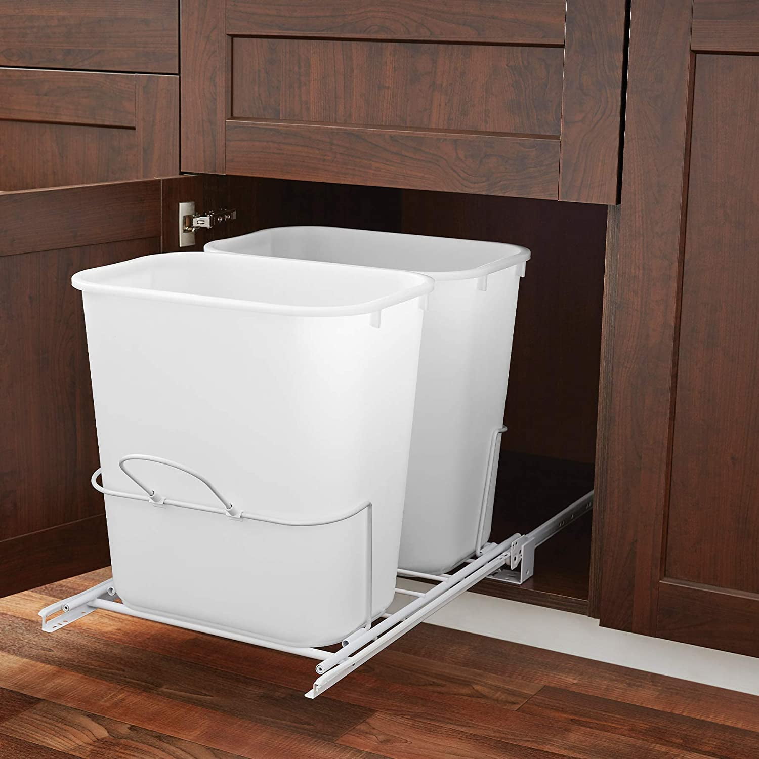 Smart Design Double Pull Out 24 Liter Container Waste Basket Drawer - Set of 2 - Steel Metal - Easy to Clean Design - Garbage, Trash, Recycle Bin - ...