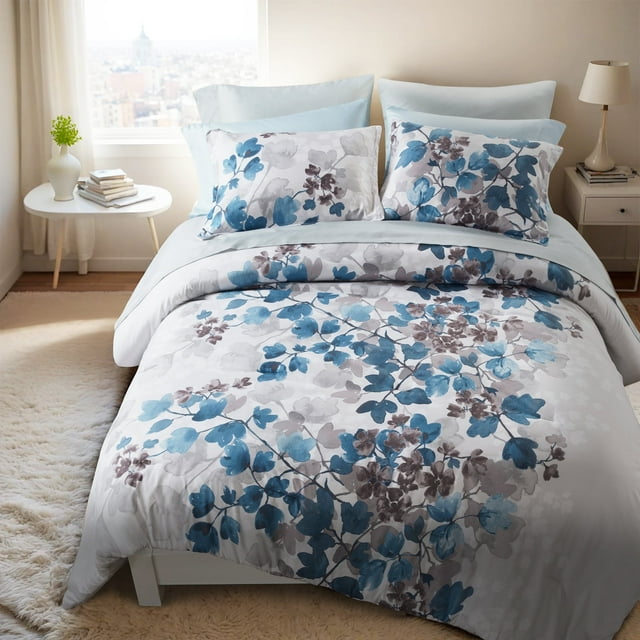 Regency Heights Full Size Comforter Sets, Blue Bed in a Bag Full, Botanical Bedding Comforter Set with Bed Sheets and Side Pockets, 9 Pieces