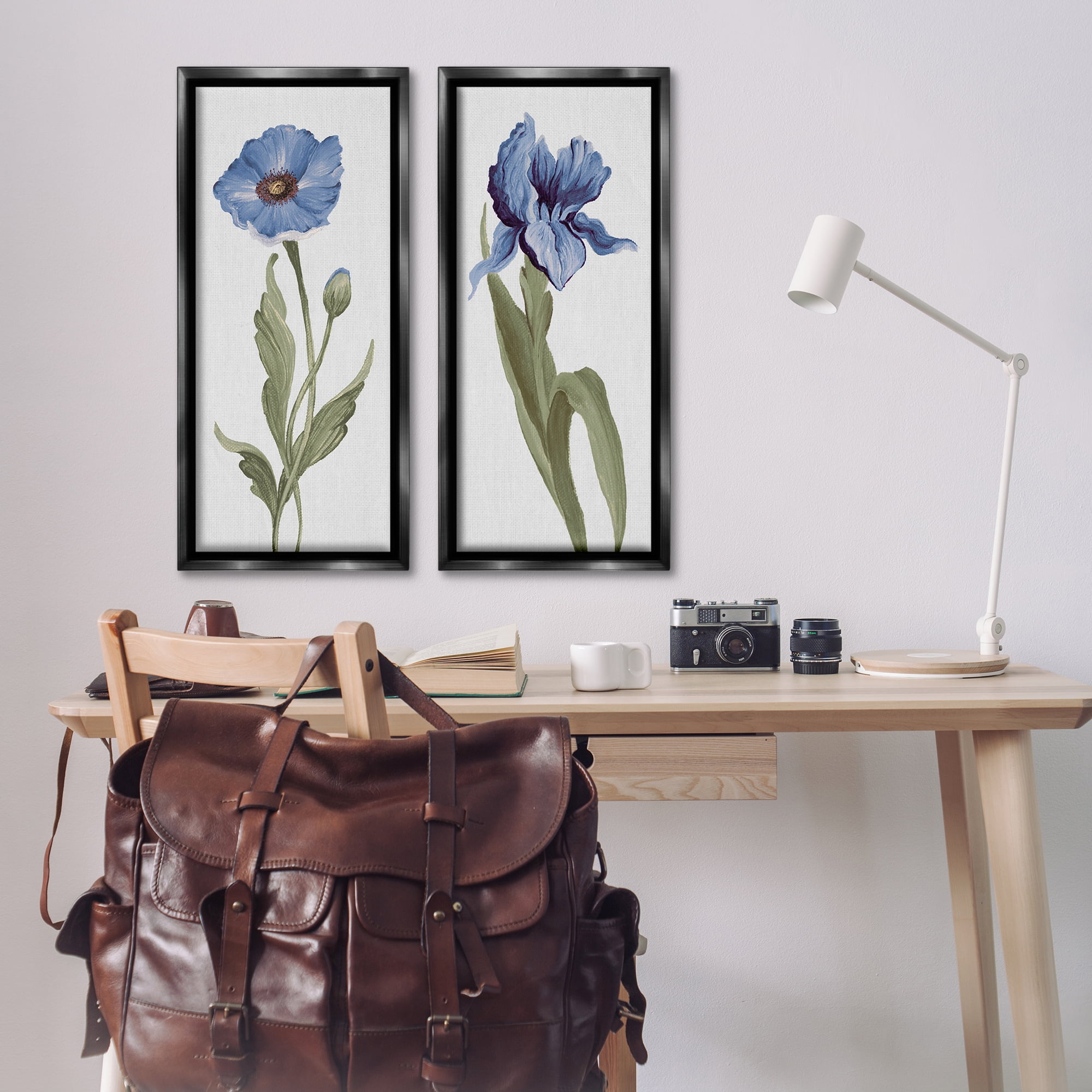 Stupell Industries Blue Poppy and Iris Flowers Plants & Flowers Painting Black Floater Framed Canvas Art Print Wall Art, 14 x 31, Set of 2