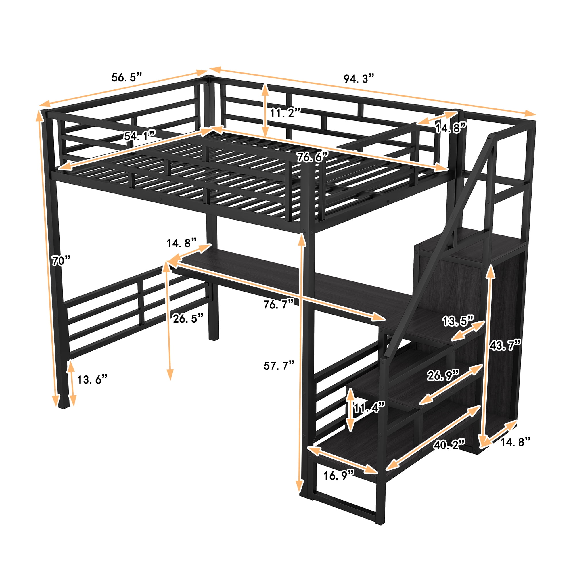 Aukfa Full Size Metal Loft Bed with Desk and Wardrobe, Staircase Loft Bed for Kids Teens - Black