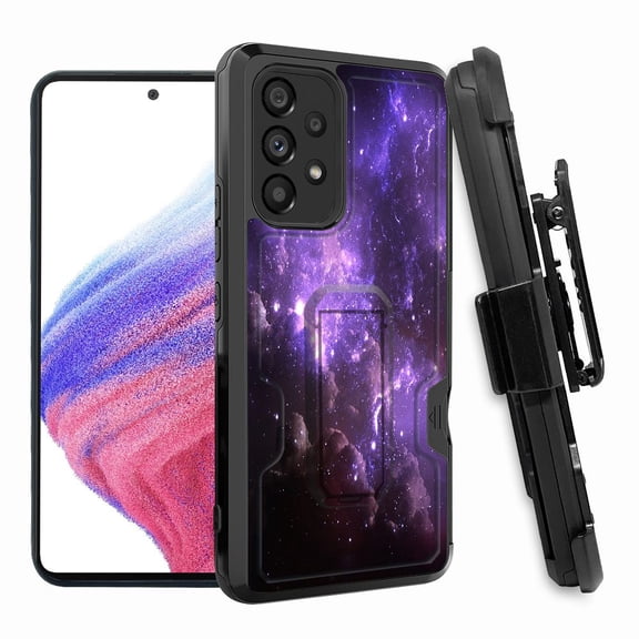 ANJ  Rugged Shockproof Hoster Case w/Card Slot, Kickstand   Tempered Glass Cover for Samsung Galaxy A33 5G - Starry Night (Purple)