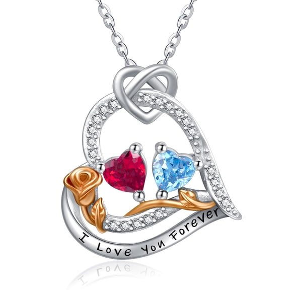 TANGPOET Birthday Gifts for Wife Mom Grandma Her Sterling Silver Rose Heart Necklaces Pendant Jewelry Ruby Topaz July December Birthstone Necklace Anniversary Jewelry Gifts for Women