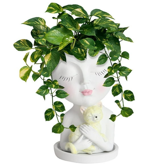 Face Plant Pot, Head Planter for Indoor and Outdoor Plants, Small Resin Flower Pot with Drainage Hole, Cute Lady Face Succulent Planter, Garden Decoration Planter, Coffee Table Decor