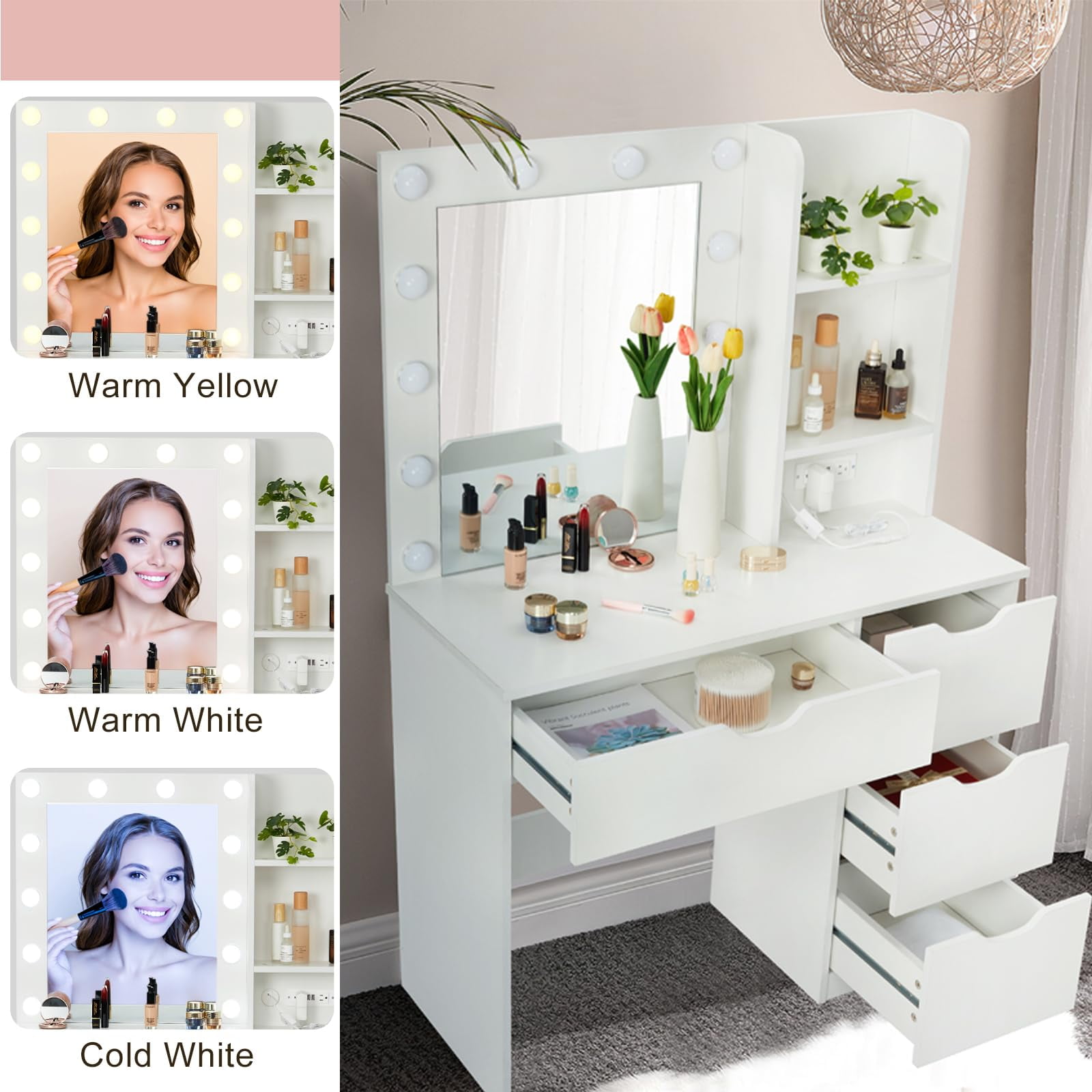 TROPOW Vanity Desk,Makeup Vanity,with Mirror and Lights,Makeup Vanity Desk with Mirror and Lights, 35 Inch Makeup Table with 4 Drawers and Built-in Power Strip, Makeup Studio, White