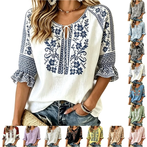 DHFJKG Boho Tops For Women V Neck Lace Up Floral Printed Half Sleeve T Shirts Summer Beach Vacation Clothes
