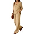 thumbnail image 5 of VISALY 2 Piece Linen Outfit 3/4 Sleeve V Neck Cotton Linen Tunic Blouse Peasant Shirts Drawstring Waist Wide Leg Pants Set Lightweight Casual Summer Gauze Sets Beach Vacation Tracksuit Khaki Xl, 5 of 8