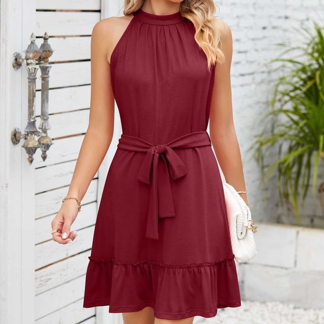 TopLLC Robe Sans Manches à Col Rond Mode Femme Couleur Unie Ceinturée Confortable Robe à Col Rond Femme en Solde