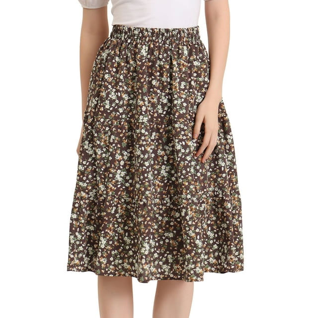 Unique Bargains Jupe Midi Décontractée à Imprimé Floral Évasée pour Femme Brun G