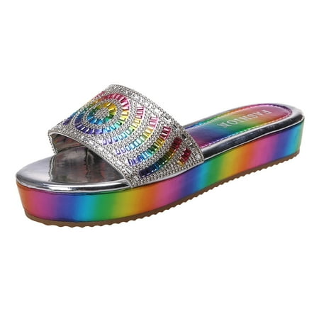 

YanHoo Women s Flat Sandals 2023 Dressy One Band Open Toe Rainbow Platform Sandals Summer Casual Slippers