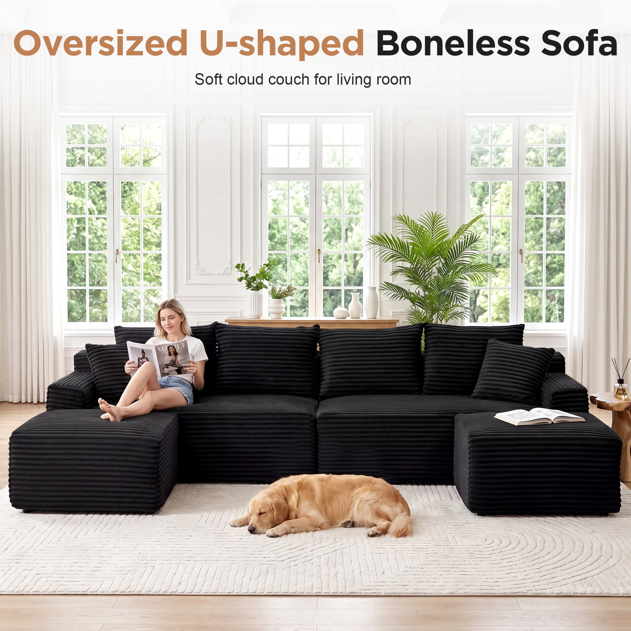 Aenkyo 115" Corduroy U-Shaped Modular Sectional Sofa with 2 Ottomans, 4-Seater, Black