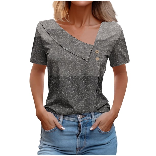 Tops de Algodón para Mujeres Cuello en V Casual de Manga Corta, Imitación Algodón Primavera Y Blusa de Verano