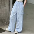 thumbnail image 4 of TIREOW Girls Wide Leg Pants Solid Color Elastic High Waist Drawstring Baggy Casual Pants Stylish Streetwear Lightweight Track Pants Joggers, 4 of 6