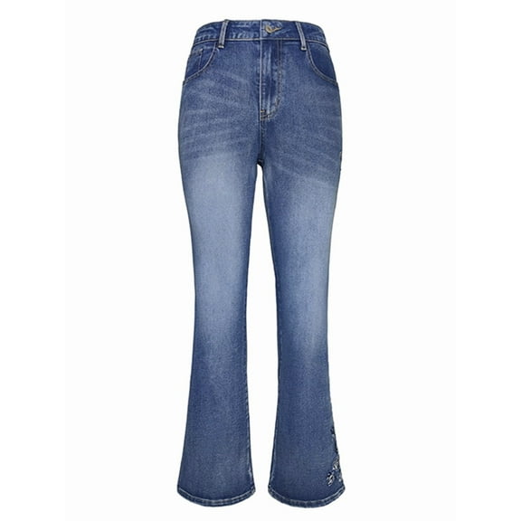 Women'S Floral Embroidery Mid Waist High Stretch Bootcut Jeans with Pockets Blue XL
