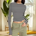 thumbnail image 7 of hotojiny Long Sleeve Shirts for Women Fall Crop Going out Tops Casual Crew Neck Ruched Clothes Fashion Stripes Slim Fitted Tee, 7 of 7