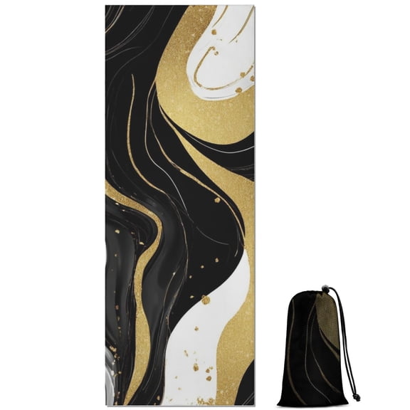 Black and Gold Marble Wavy Lines Pattern Hot Yoga Mat Towel Non Slip for Hot Yoga - Quick-Drying Yoga Mat Cover with 4 Corner Pockets with Travel Bag - Hot Yoga Towel Non Slip 70"x26"