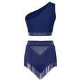 thumbnail image 2 of Doomiva Women 2Pcs Latin Dance Outfit Figure Skating Dress One Shoulder Crop Top + Tassel Shorts Navy Blue L, 2 of 7