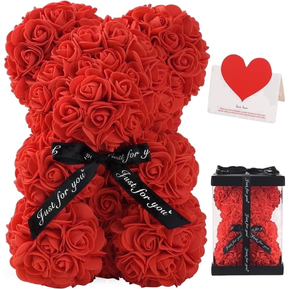 Rose Bear Gift for Women, Decorative Flower Teddy Bear with Gift Box and Card, Flower Bear Gifts for Girlfriend Mom, Valentines Day Mothers Day Gifts