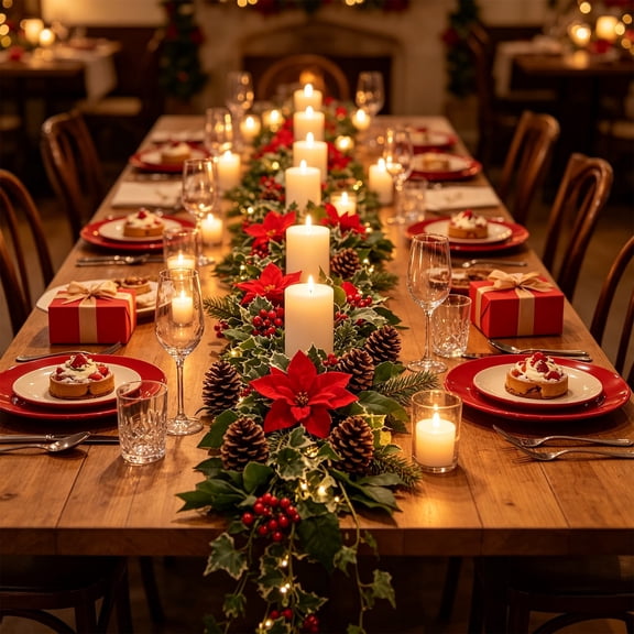 Christmas Garland with Fake Flowers and Red Berry, Artificial Green Plants Pines and Imitation Rattan for Christmas Home Dining Table Decoration or Window Ornaments