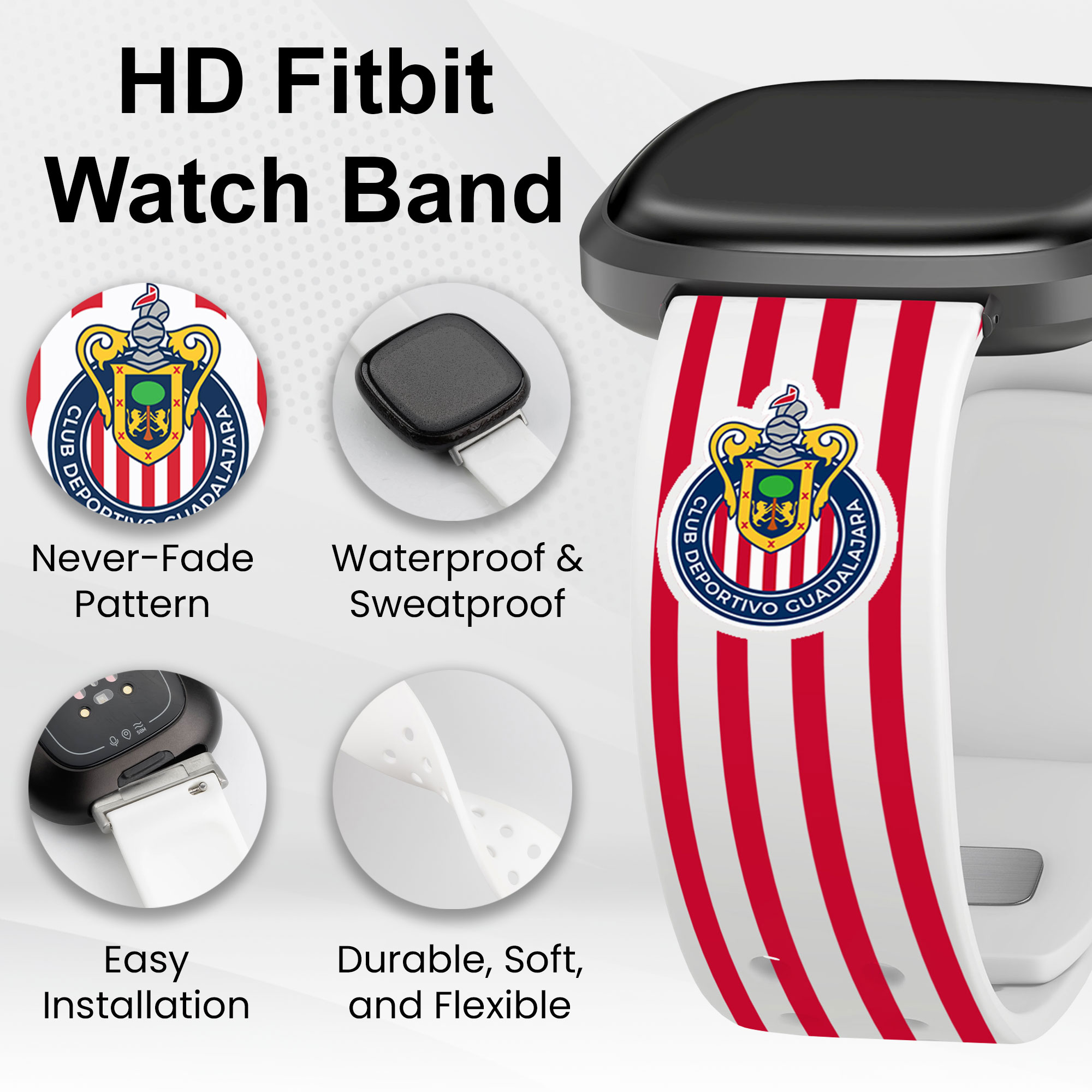 Chivas de Guadalajara HD Watch Band Compatible with FitBit Versa 3 & Sense (20mm Long Stripes)